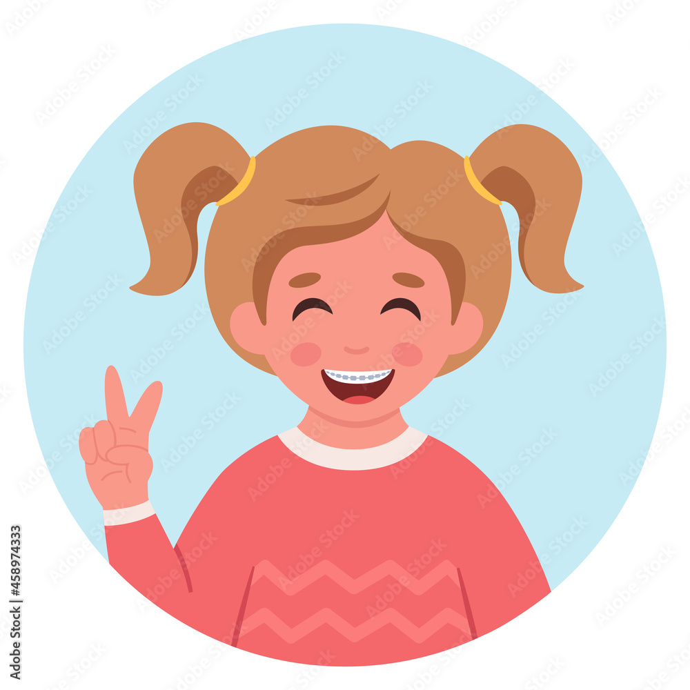 Girl with braces on teeth. Elementary school student. Vector illustration Girl with braces on teeth. Elementary school student. Vector illustration
