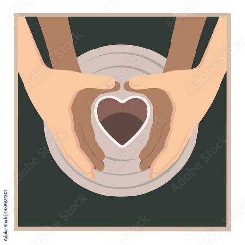 The concept of a romantic date in a pottery workshop. Two people behind a potter's wheel. Vector illustration.