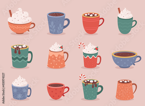 Autumn and winter hot drinks. Christmas hot drinks, hot chocolate, coffee. Vector illustration