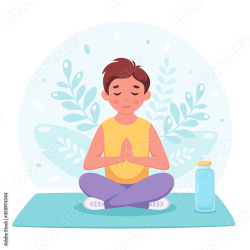 Boy meditating in lotus pose. Gymnastic  yoga and meditation for children. Vector illustration