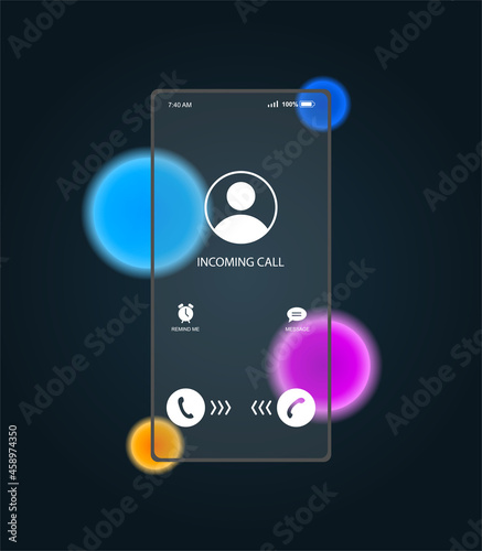 Phone screen in glassmorphism style. Anonymous call from unknown number. Transparent smartphone with blur. Mockup with buttons. Modern realistic vector illustration isolated on black background