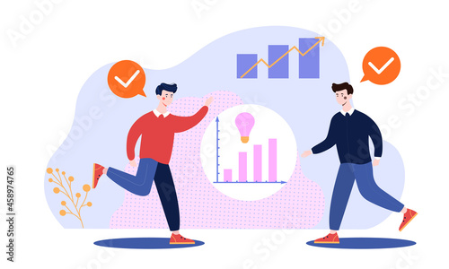 New ideas for business concept. Men have opened up opportunities for realization of ambitions. Statistics on growth of professional skill. Cartoon flat vector illustration isolated on white background