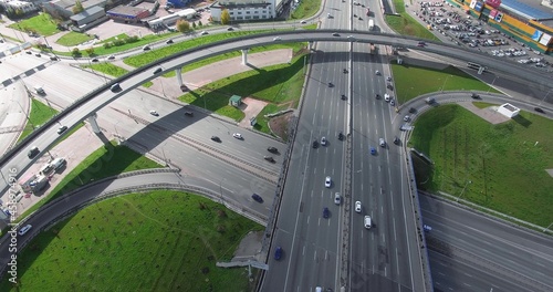 Aerial shot of transport intersection in big city