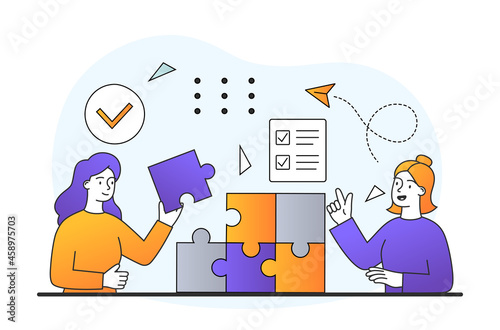 Teamwork and success concept. Businesswomen collect pieces of puzzle. Metaphor for creative thinking and effective cooperation. Cartoon doodle flat vector illustration isolated on white background