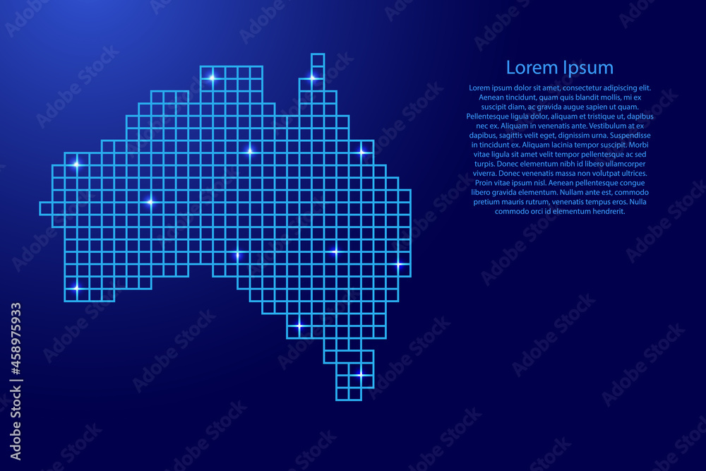 Australia map silhouette from blue mosaic structure squares and glowing stars. Vector illustration.