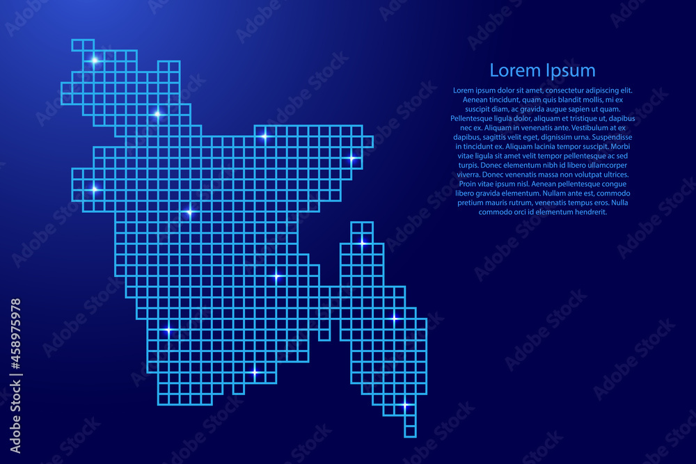 Bangladesh map silhouette from blue mosaic structure squares and glowing stars. Vector illustration.