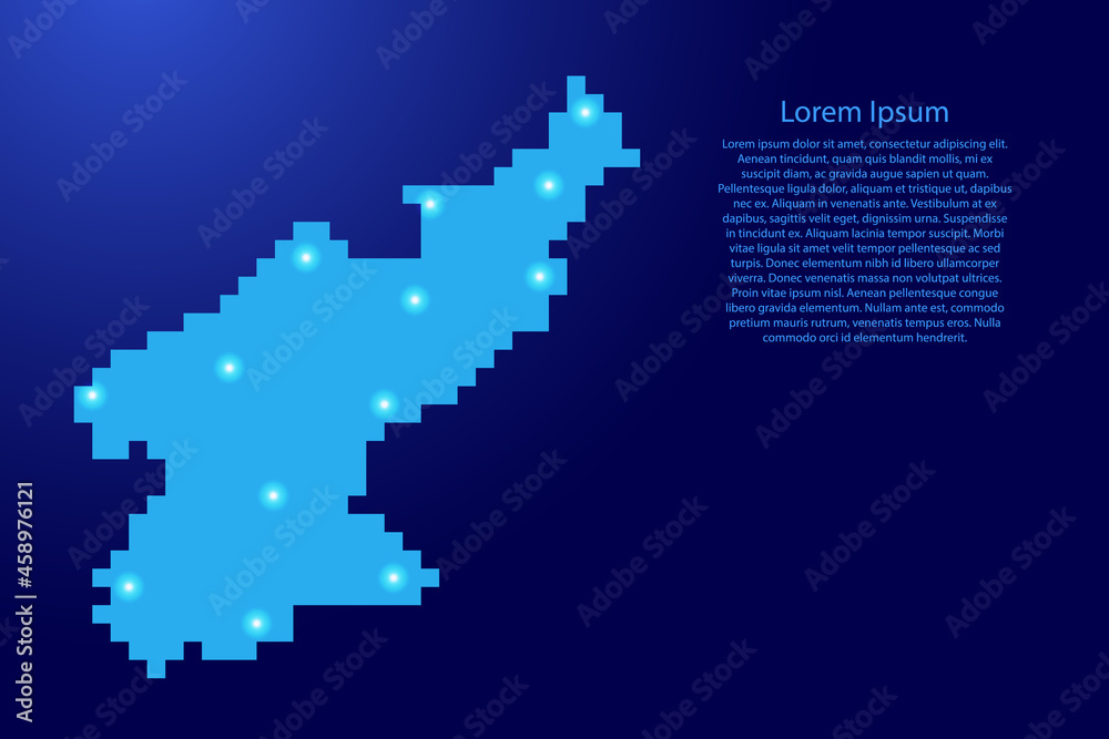 North Korea map silhouette from blue square pixels and glowing stars. Vector illustration.