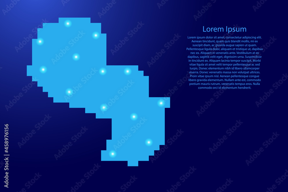 Paraguay map silhouette from blue square pixels and glowing stars. Vector illustration.