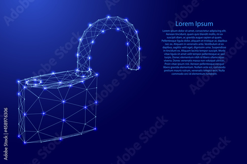 Padlock with open shackle, symbol of vulnerability of data protection, from futuristic polygonal blue lines and glowing stars for banner, poster, greeting card. Vector illustration.