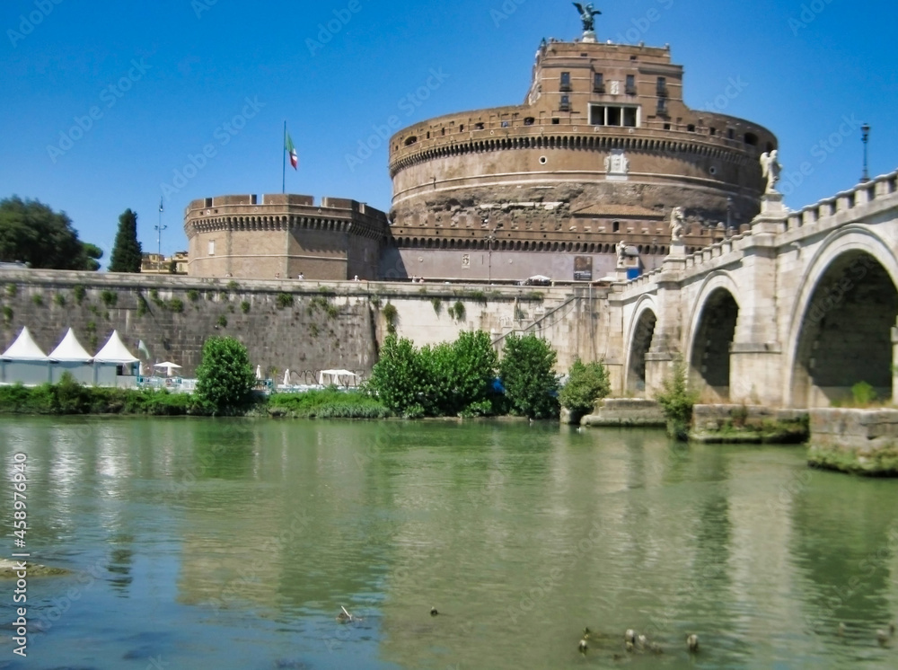 View of Castel San'Angelo and the Ponte Sant'Angelo bridge over the Tiber River in Historic Center of Rome. Italy. Europe	