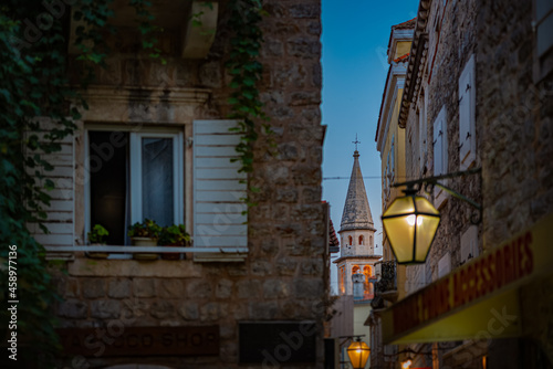 Budva old town street at night