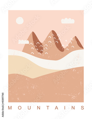 Mountains View Print with Blush Pink Sky, Sun and Small Clouds. Abstract Modern Mountainside Vector Illustration ideal for Wall Art, Poster, Card. Landscape With Fields and Hills. The Wilds.