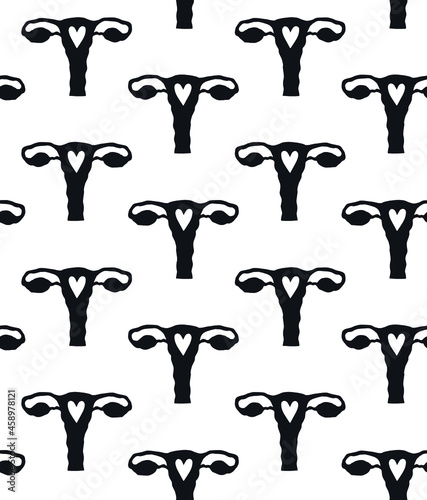 Vector seamless pattern of flat hand drawn uterus silhouette and heart isolated on white background