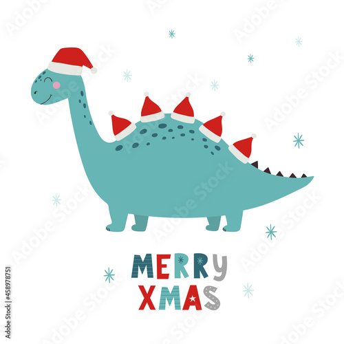 Christmas dinosaurs. Roar Xmas. Dino Xmas. Vector illustration of funny character in cartoon flat style. Vector hand-drawn color children's illustration. Baby print. Good for posters, textiles.
