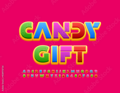 Vector Colorful Emblem Candy Gift. Kids Bright Font. Creative Alphabet Letters, Numbers and Symbols