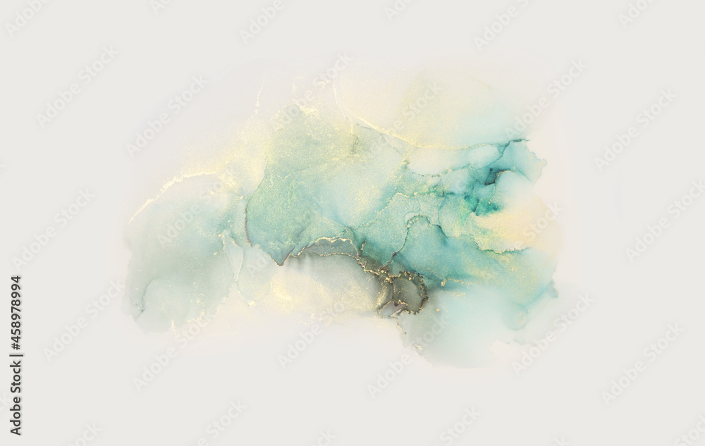 Art Abstract smoke painting blots horizontal background. Alcohol ink blue, beige and gold glitter colors. Marble texture.