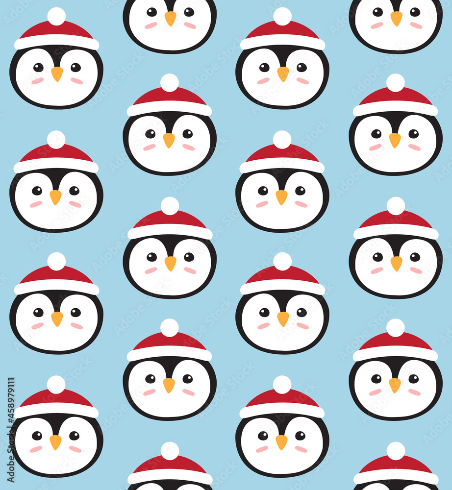 Vector seamless pattern of flat cartoon hand drawn penguin face in hat isolated on blue background Vector seamless pattern of flat cartoon hand drawn penguin face in hat isolated on blue background
