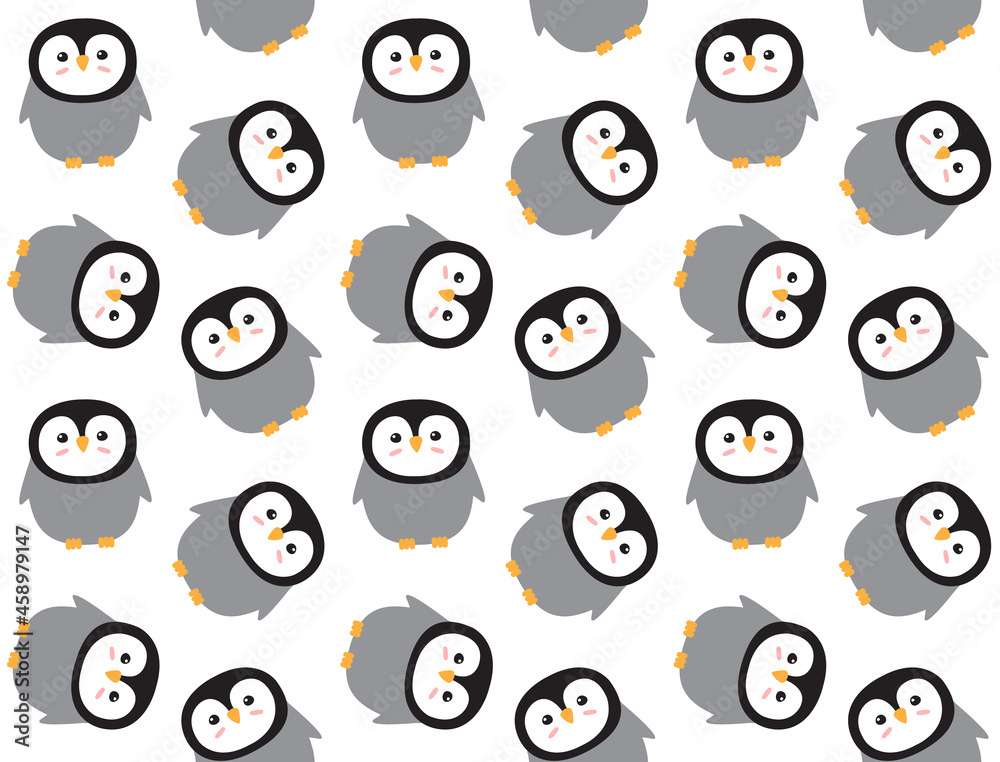 Fototapeta premium Vector seamless pattern of flat cartoon hand drawn colored penguin isolated on white background