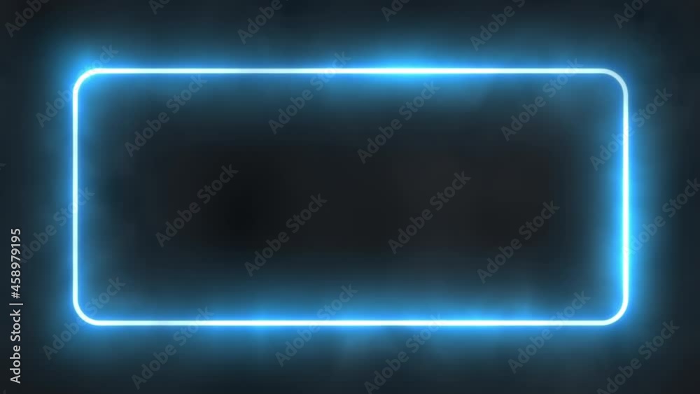 Blue bright flashing neon frame with the effect of electric flashes in smoke on the black background, loopable stock video