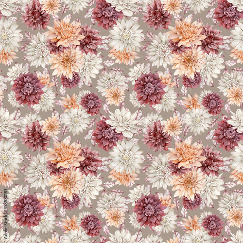 Watercolor background of crimson  white and orange asters and chrysanthemums. Fall flowers seamless pattern.