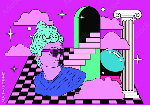 Retro computer interface with many open tabs and window boxes and bust sculpture. Vaporwave style vector illustration.
