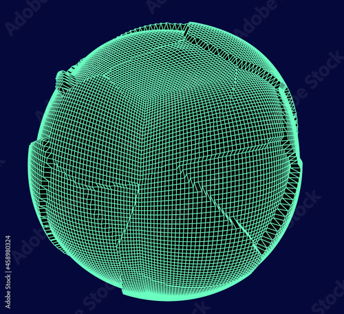 Glitched and distorted 3D sphere wireframe. Abstract geometric vector illustration. 