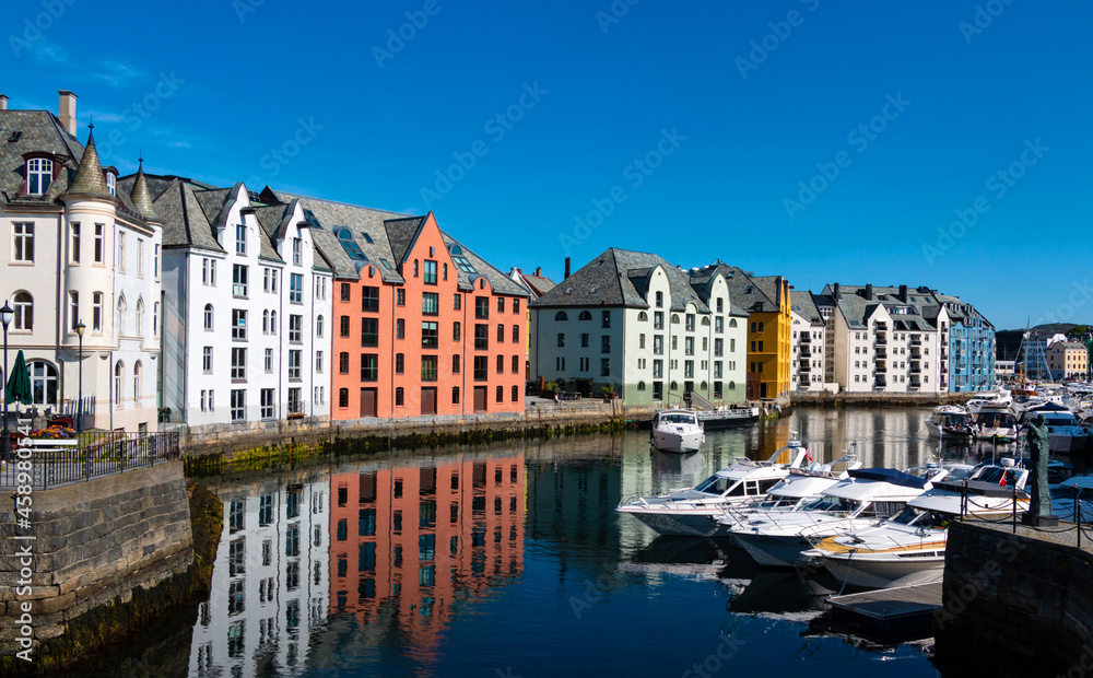Art Nouveau architecture in the Norwegian city of Ålesund in summertime 