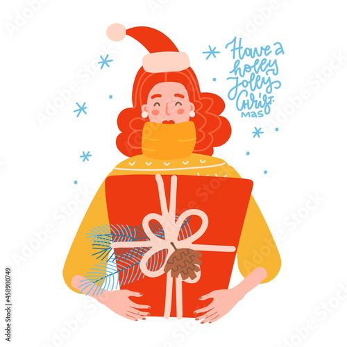 Portrait of happy woman hugs a big gift box with a large bow. Christmas gift concept. Vector flat illustration isolated on white wit lettering quote - Have a holly Jolly Christmas.