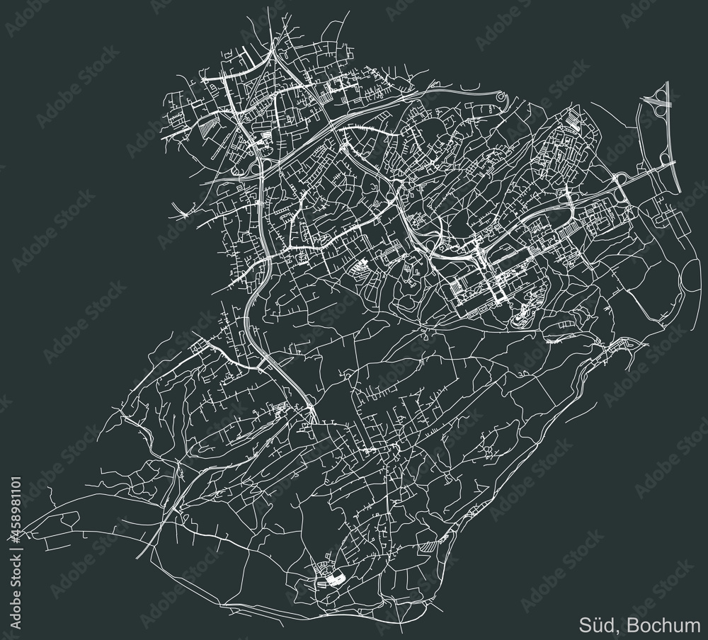 Detailed negative navigation urban street roads map on dark gray background of the quarter Bochum-Süd district of the German regional capital city of Bochum, Germany Detailed negative navigation urban street roads map on dark gray background of the quarter Bochum-Süd district of the German regional capital city of Bochum, Germany
