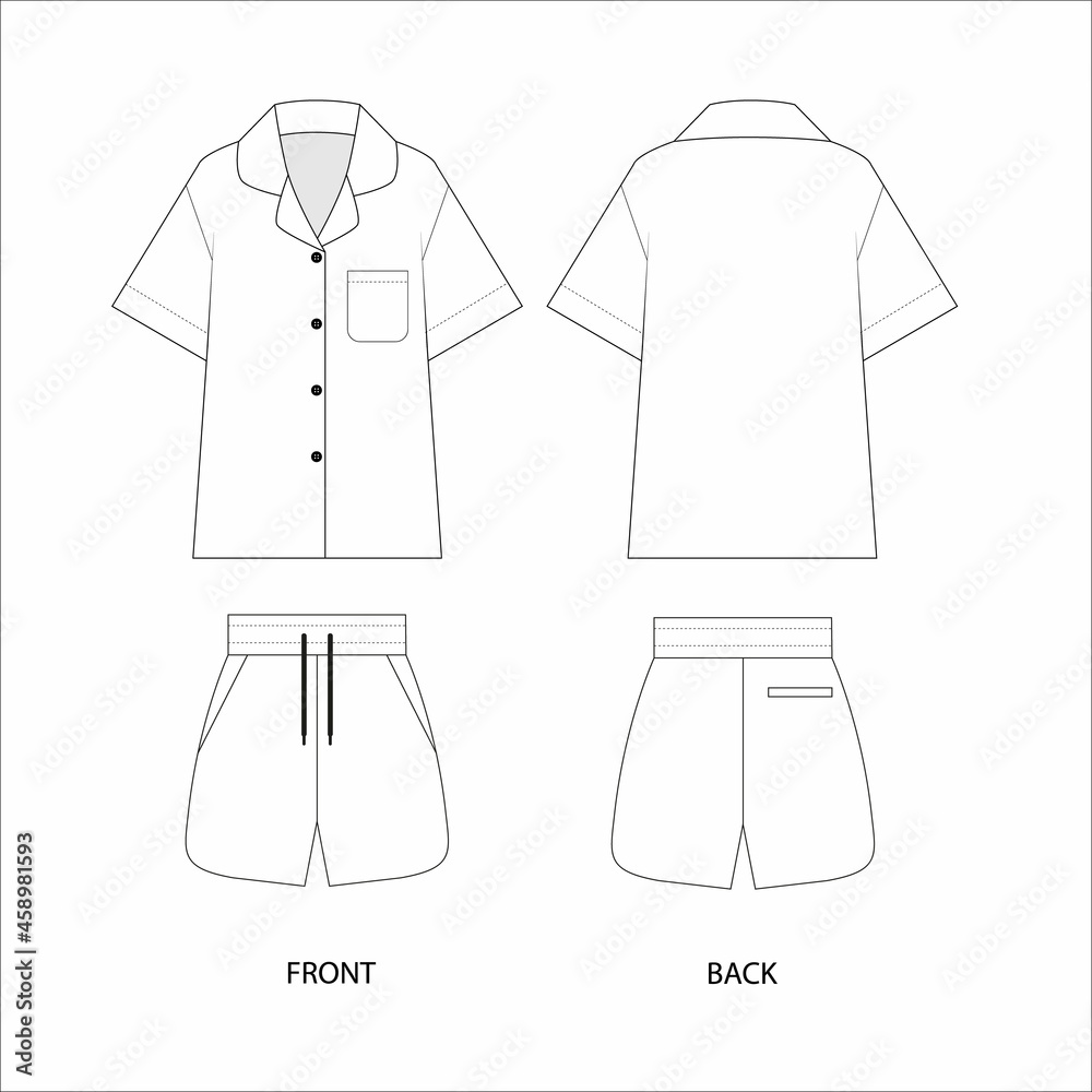 set of shirt and shorts drawing. Short sleeve pajamas technical sketch. Sleepwear template, vector. set of shirt and shorts drawing. Short sleeve pajamas technical sketch. Sleepwear template, vector.