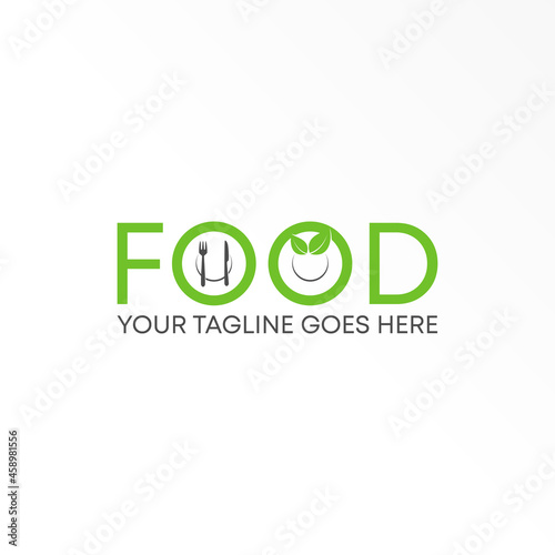 Letter or word FOOD sans serif font with Leaves, Spoon, dinner fork and knife image graphic icon logo design abstract concept vector stock. Can be used as a symbol related to Vegan.