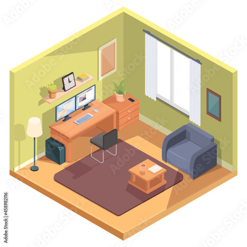 cartoon isometric room with computer and furniture, vector illustration