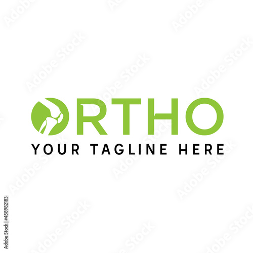Simple and unique Letter or writing ORTHO font with knee bone in word O image graphic icon logo design abstract concept vector stock. Can be used as a symbol related to health or initial photo