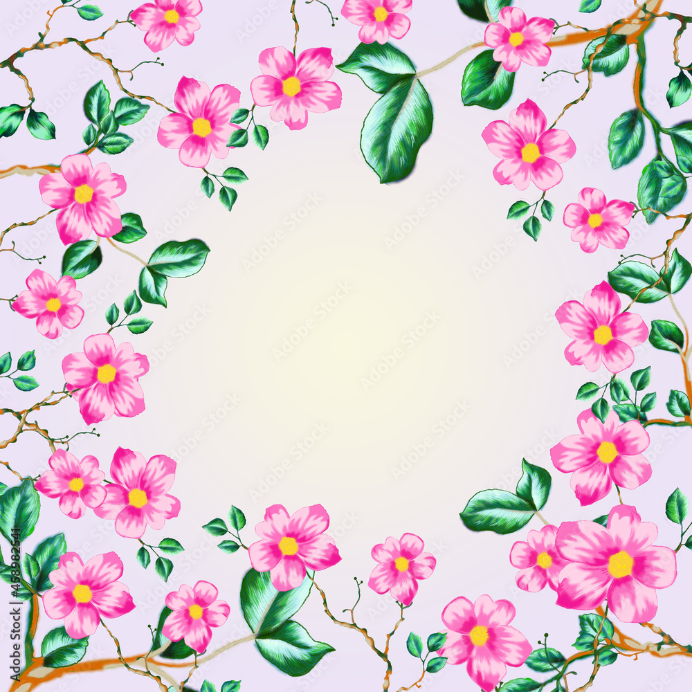 Spring, Easter feminine scene floral composition. Round frame wreath pattern made of pink Japanese cherry blossoms. White background. Flat lay, top view.