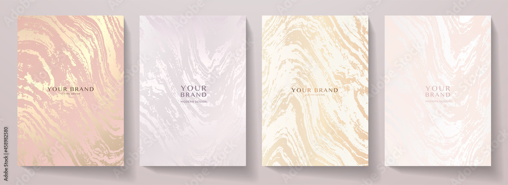 Modern elegant cover design set. Luxury fashionable background with abstract marble pattern in gold, pink color. Elite premium vector template for menu, brochure, flyer layout, presentation