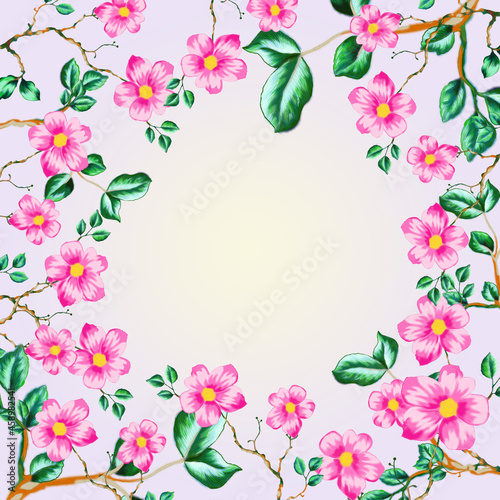 Spring, Easter feminine scene floral composition. Round frame wreath pattern made of pink Japanese cherry blossoms. White background. Flat lay, top view.