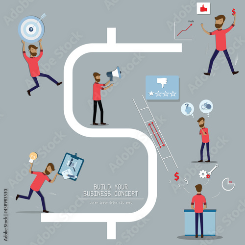 Flat of business concept,Various action of young man on huge s text - vector