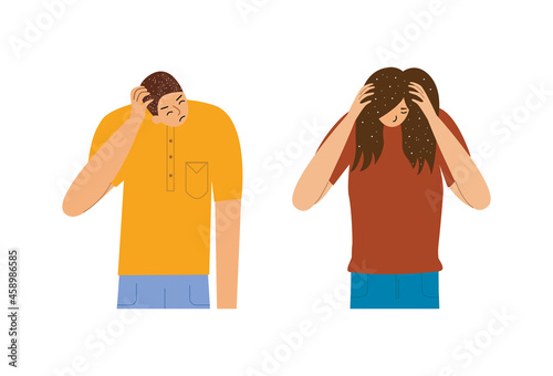 Man and woman suffer from dandruff on the head, seborrheic dermatitis. Skin lesion with an infectious fungus. The characters suffer from itching. Vector illustration in flat style