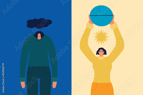 The girl is being treated with a pill for depression. The concept of helping a person with antidepressants. Sad and happy woman. Medication for mental illness. Vector illustration in flat style