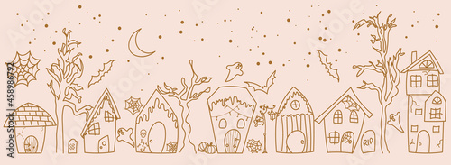 Hand drawn flat Halloween city. -  Doodle Clipart. - separate elements.