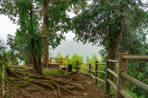 Behind a bamboo fence and a bench at the top of a mountain  there is a rainforest and sea on a rainy summer day