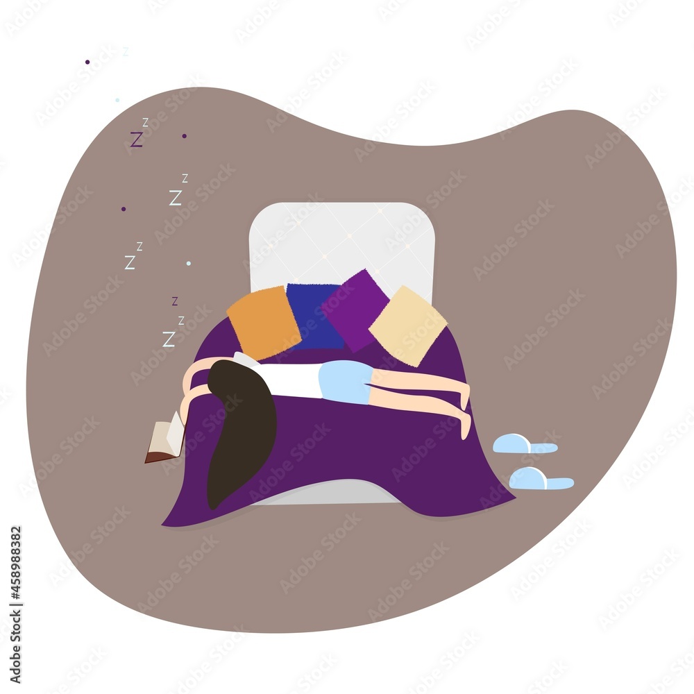 woman sleeps at home in the bedroom in bed with a book in her hands on the floor there are slippers. Night rest, sleep in pillows. Vector illustration in a flat style woman sleeps at home in the bedroom in bed with a book in her hands on the floor there are slippers. Night rest, sleep in pillows. Vector illustration in a flat style