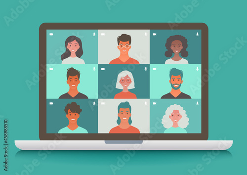 Virtual meeting and learning via teleconference. People getting together through video call application. Online communication concept vector illustration
