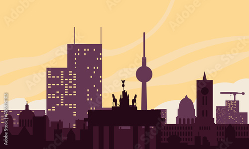 Berlin city landscape sights on the background of the dawn sky. Color vector illustration of flat style.