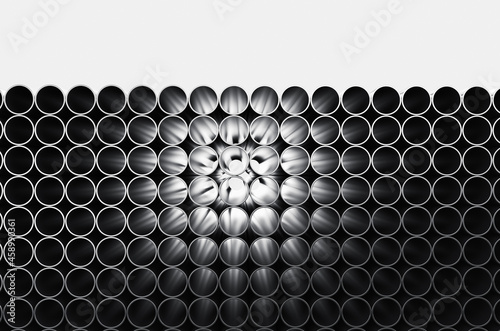 Close-up of metal pipes on a white background. A pile of iron pipes isolated on a white background. 3d render illustration photo