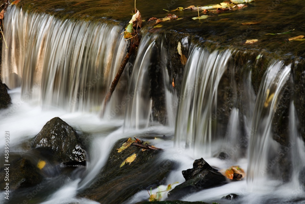 Fototapeta premium Juhyne. Early evening. Water overflow on the weir. East Moravia. Czechia. Europe