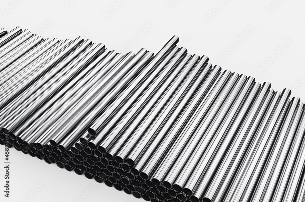 Close-up of metal pipes on a white background. A pile of iron pipes isolated on a white background. 3d render illustration Close-up of metal pipes on a white background. A pile of iron pipes isolated on a white background. 3d render illustration