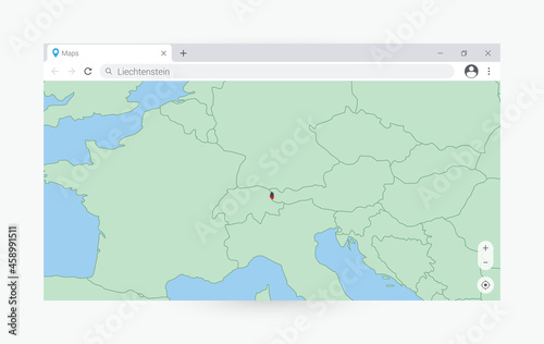 Browser window with map of Liechtenstein, searching  Liechtenstein in internet.