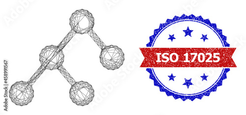 Crossing mesh binary structure framework illustration, and bicolor scratched ISO 17025 seal stamp. Flat mesh created from binary structure icon and crossed lines.