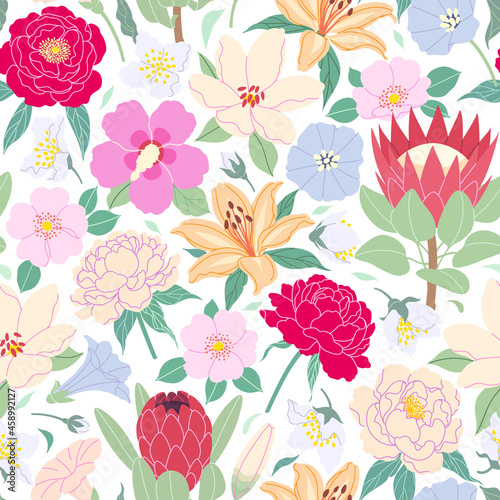 Seamless Pattern with Blooming Flowers Heads